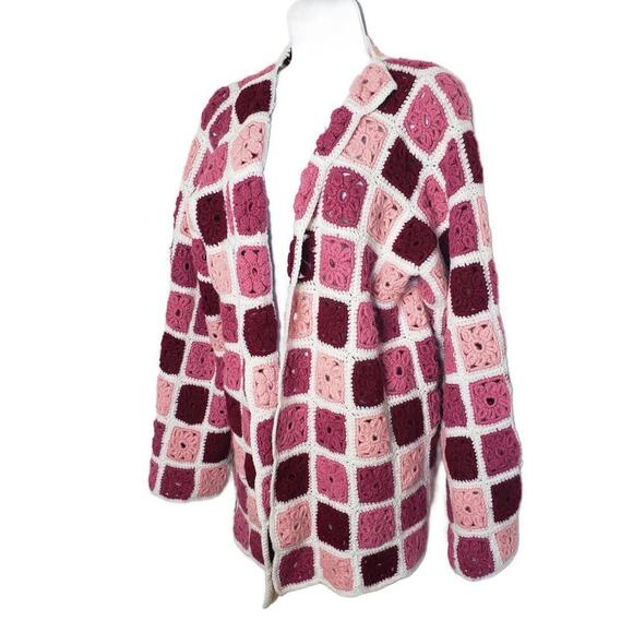 Women's Handmade Crochet Quilted Pink Tones Patchwork Mid-Length Cardigan - Picture 5 of 6